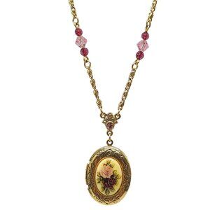 Vintage 1928 Gold Tone Locket Necklace With Pink Rose Design Revival Chain